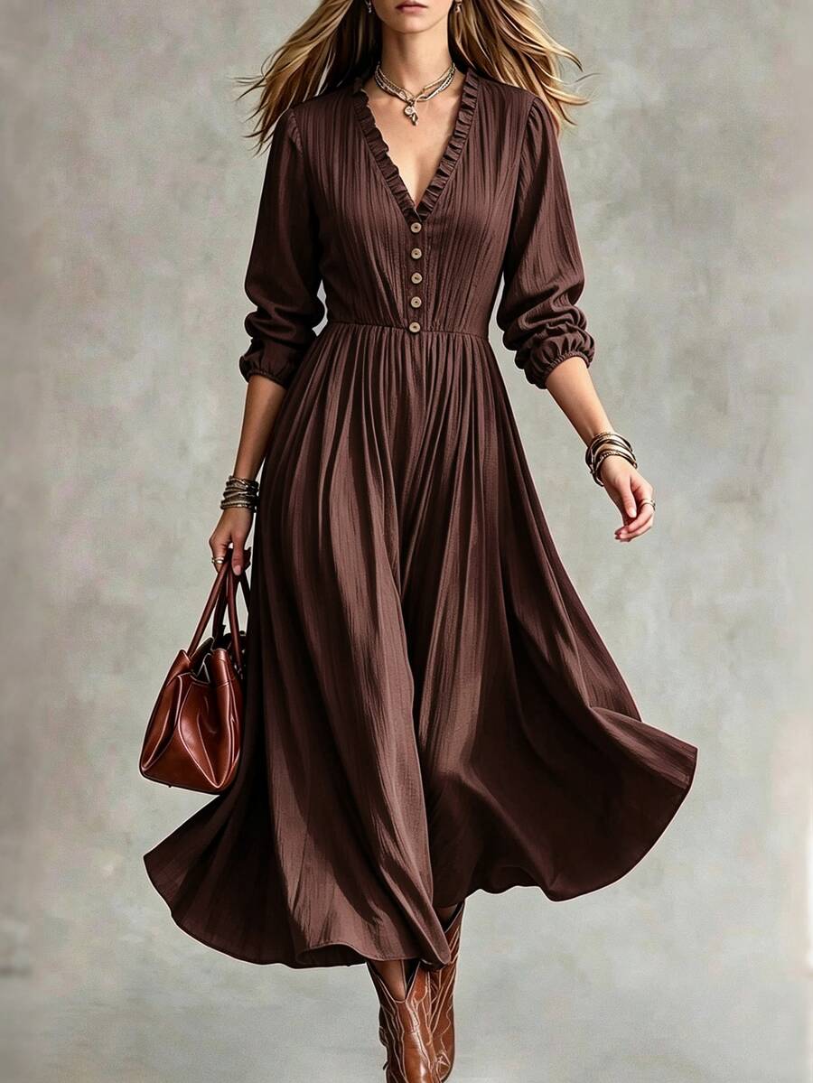 Omancia V-Neck Ruffle Long Sleeve Autumn Dress, Cinched Waist A-Line Casual Versatile Daily Commute Dress - Brown - View 1