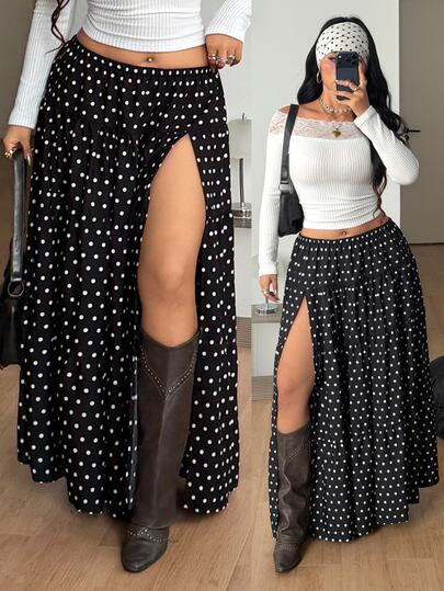 Coolane Women's Plus Size Summer Fall Vacation Elegant Sexy Goth Y2K Vintage Punk Casual Beach Boho Black White Polka Dot Side Slit Long Skirt
