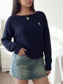 SHEIN Teen Girl Off-Shoulder Loose Navy Blue Horse Embroidery Batwing Sleeve Pullover Sweater, Neat Hem, Snug Cuffs, Solid Color, Sixth Form Prom, School - Navy Blue - View 1