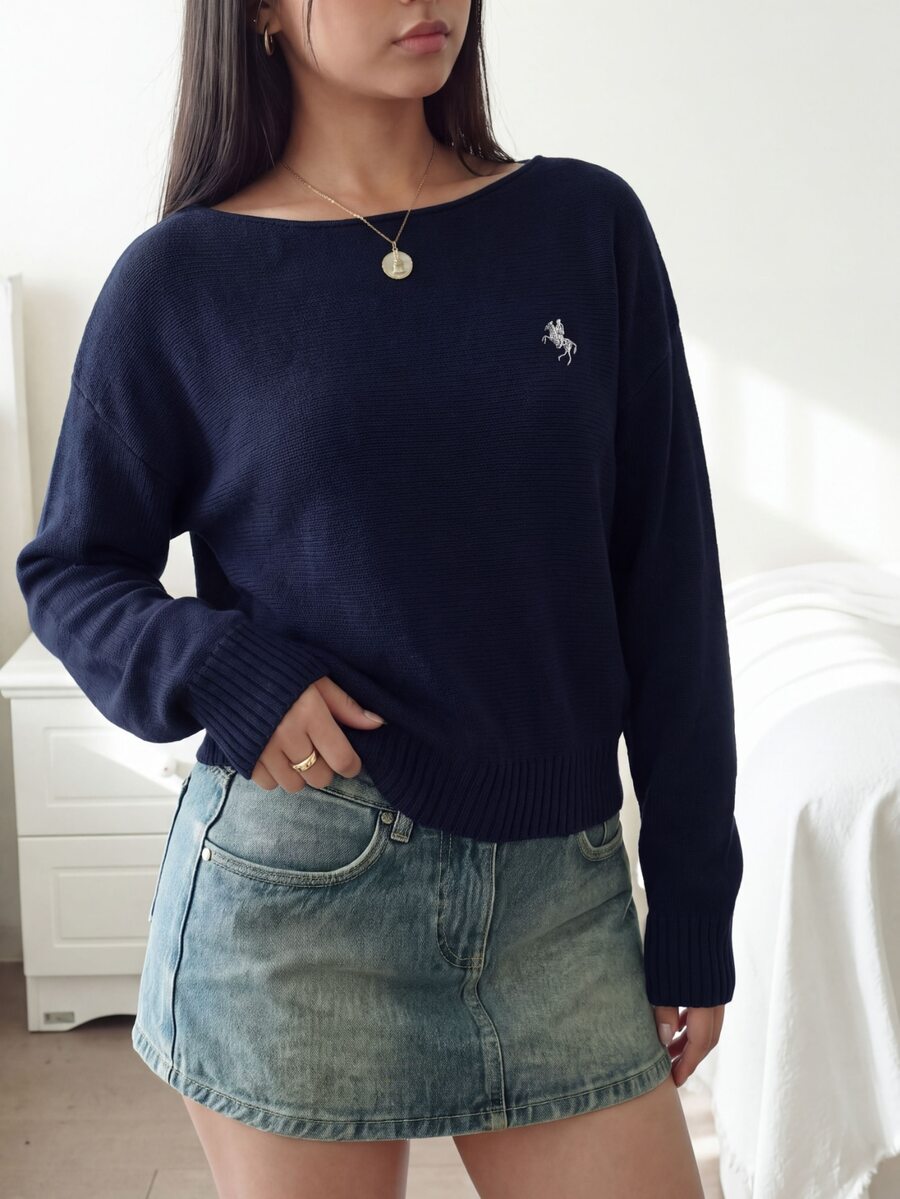 SHEIN Teen Girl Off-Shoulder Loose Navy Blue Horse Embroidery Batwing Sleeve Pullover Sweater, Neat Hem, Snug Cuffs, Solid Color, Sixth Form Prom, School - Navy Blue - View 1
