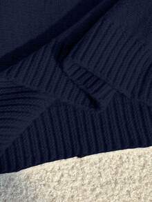 SHEIN Teen Girl Off-Shoulder Loose Navy Blue Horse Embroidery Batwing Sleeve Pullover Sweater, Neat Hem, Snug Cuffs, Solid Color, Sixth Form Prom, School - Navy Blue - View 5