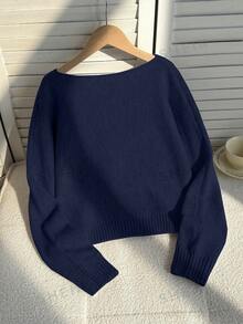 SHEIN Teen Girl Off-Shoulder Loose Navy Blue Horse Embroidery Batwing Sleeve Pullover Sweater, Neat Hem, Snug Cuffs, Solid Color, Sixth Form Prom, School - Navy Blue - View 3