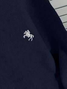 SHEIN Teen Girl Off-Shoulder Loose Navy Blue Horse Embroidery Batwing Sleeve Pullover Sweater, Neat Hem, Snug Cuffs, Solid Color, Sixth Form Prom, School - Navy Blue - View 6