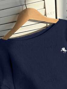 SHEIN Teen Girl Off-Shoulder Loose Navy Blue Horse Embroidery Batwing Sleeve Pullover Sweater, Neat Hem, Snug Cuffs, Solid Color, Sixth Form Prom, School - Navy Blue - View 7