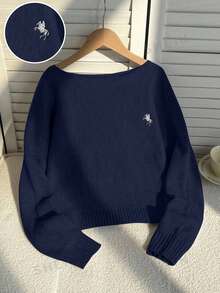 SHEIN Teen Girl Off-Shoulder Loose Navy Blue Horse Embroidery Batwing Sleeve Pullover Sweater, Neat Hem, Snug Cuffs, Solid Color, Sixth Form Prom, School - Navy Blue - View 2