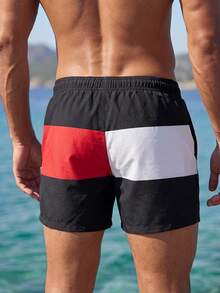 Manfinity Swimmode Men's Contrast Color Drawstring Waist Loose Beach Vacation Shorts, Summer Holiday Style, Swim Trunks For Men, Pool Party Swimwear Tropical - Black and White - View 2