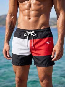 Manfinity Swimmode Men's Contrast Color Drawstring Waist Loose Beach Vacation Shorts, Summer Holiday Style, Swim Trunks For Men, Pool Party Swimwear Tropical - Black and White - View 4