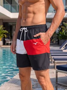 Manfinity Swimmode Men's Contrast Color Drawstring Waist Loose Beach Vacation Shorts, Summer Holiday Style, Swim Trunks For Men, Pool Party Swimwear Tropical - Black and White - View 6