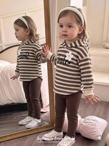 Cozy Pixies Setelan Anak Perempuan Fashion Kasual Bahu Jatuh Motif Garis-garis Kaos dan Legging, Cokelat 2 Potong, Setelan Bergaris, Setelan Musim Gugur, Setelan Nyaman, Setelan Olahraga - MultiWarna - View 2