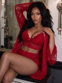 SHEIN SXY 女士蕾丝长袖睡袍、吊带背心和短裤性感内衣套装 - 紅色 - 查看 4