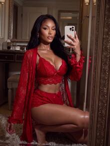 SHEIN SXY 女士蕾丝长袖睡袍、吊带背心和短裤性感内衣套装 - 紅色 - 查看 5