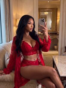 SHEIN SXY 女士蕾丝长袖睡袍、吊带背心和短裤性感内衣套装 - 紅色 - 查看 6