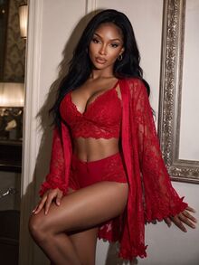 SHEIN SXY 女士蕾丝长袖睡袍、吊带背心和短裤性感内衣套装 - 紅色 - 查看 3
