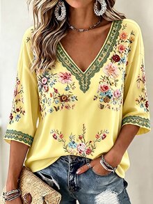 Selamara Women's Plus Size Floral Print V-Neck Casual Vacation Top - Yellow - View 6