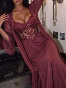 SHEIN SXY 2pcs/Set Fish Bone Design Waist Lace Slip Dress + Floral Hem Wide Sleeve Sheer Robe - Maroon - View 6