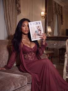 SHEIN SXY 2pcs/Set Fish Bone Design Waist Lace Slip Dress + Floral Hem Wide Sleeve Sheer Robe - Maroon - View 4