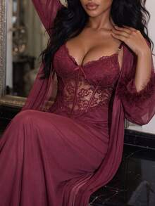SHEIN SXY 2pcs/Set Fish Bone Design Waist Lace Slip Dress + Floral Hem Wide Sleeve Sheer Robe - Maroon - View 5