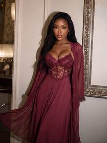 SHEIN SXY 2pcs/Set Fish Bone Design Waist Lace Slip Dress + Floral Hem Wide Sleeve Sheer Robe - Maroon - View 3