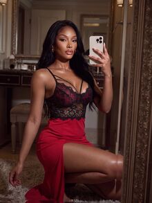 SHEIN SXY Women Sexy Lace Patchwork Slit Nightgown - Burgundy - View 5