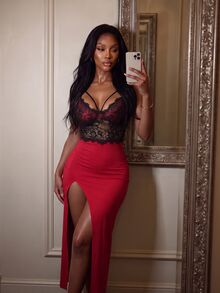 SHEIN SXY Women Sexy Lace Patchwork Slit Nightgown - Burgundy - View 4