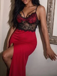 SHEIN SXY Women Sexy Lace Patchwork Slit Nightgown - Burgundy - View 3