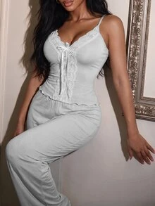 SHEIN SXY 2pcs Women's Sexy Deep V-Neck Sleepwear Set - Light Grey - View 6