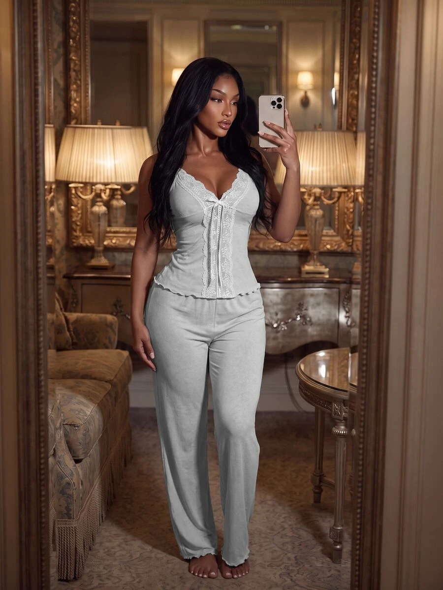 SHEIN SXY 2pcs Women's Sexy Deep V-Neck Sleepwear Set - Light Grey - View 1