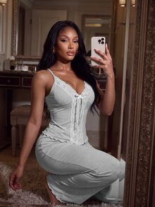 SHEIN SXY 2pcs Women's Sexy Deep V-Neck Sleepwear Set - Light Grey - View 5