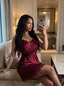SHEIN SXY 女士纯色蕾丝拼布细肩带性感睡衣 - 酒紅色 - 查看 1