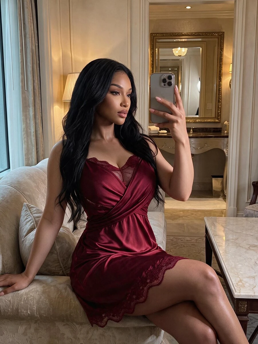 SHEIN SXY 女士纯色蕾丝拼布细肩带性感睡衣 - 酒紅色 - 查看 1