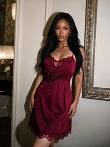 SHEIN SXY 女士纯色蕾丝拼布细肩带性感睡衣 - 酒紅色 - 查看 5