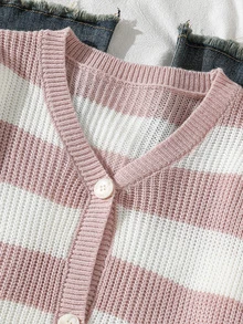 SHEIN Tween Girls Pink And White Striped Long Sleeve Cardigan Sweater Jacket, Suitable For Pairing With Skirts And Dresses, Autumn Everyday School Cute - Apricot - View 6