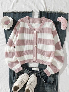 SHEIN Tween Girls Pink And White Striped Long Sleeve Cardigan Sweater Jacket, Suitable For Pairing With Skirts And Dresses, Autumn Everyday School Cute - Apricot - View 3
