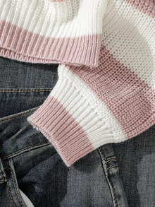 SHEIN Tween Girls Pink And White Striped Long Sleeve Cardigan Sweater Jacket, Suitable For Pairing With Skirts And Dresses, Autumn Everyday School Cute - Apricot - View 8
