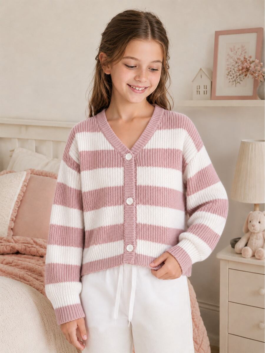 SHEIN Tween Girls Pink And White Striped Long Sleeve Cardigan Sweater Jacket, Suitable For Pairing With Skirts And Dresses, Autumn Everyday School Cute - Apricot - View 1