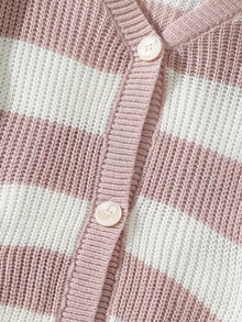 SHEIN Tween Girls Pink And White Striped Long Sleeve Cardigan Sweater Jacket, Suitable For Pairing With Skirts And Dresses, Autumn Everyday School Cute - Apricot - View 7