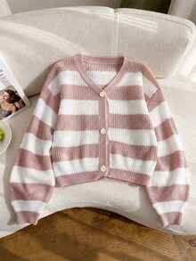 SHEIN Tween Girls Pink And White Striped Long Sleeve Cardigan Sweater Jacket, Suitable For Pairing With Skirts And Dresses, Autumn Everyday School Cute - Apricot - View 2