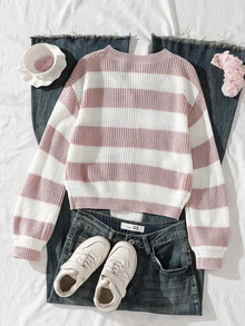SHEIN Tween Girls Pink And White Striped Long Sleeve Cardigan Sweater Jacket, Suitable For Pairing With Skirts And Dresses, Autumn Everyday School Cute - Apricot - View 4