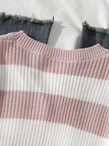 SHEIN Tween Girls Pink And White Striped Long Sleeve Cardigan Sweater Jacket, Suitable For Pairing With Skirts And Dresses, Autumn Everyday School Cute - Apricot - View 9