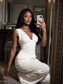 SHEIN SXY 2pcs Lace Patchwork Deep V-Neck Sleeveless Tank Top Pajama Set - Apricot - View 4