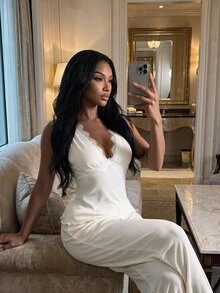 SHEIN SXY 2pcs Lace Patchwork Deep V-Neck Sleeveless Tank Top Pajama Set - Apricot - View 8