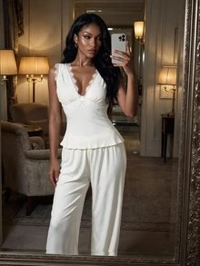 SHEIN SXY 2pcs Lace Patchwork Deep V-Neck Sleeveless Tank Top Pajama Set - Apricot - View 3