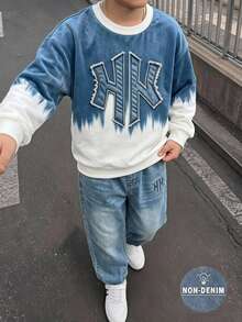 2pcs/Set Teen Boys Denim Effect Print Sweatshirt And Joggers Set, Crew Neck Long Sleeve Pullover With Distressed Patch Letter Graphic, Thickened For Autumn/Winter, Street Casual Two Pieces Set For Mid-To-Large Kids, Randomly Sent 1 Set - Multicolor - View 5