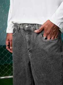 EVRINFINITE 男士時尚街頭嘻哈風蜘蛛網刺繡直筒寬鬆寬腿牛仔褲，後口袋裝飾口袋設計 - 灰色 - 查看 4