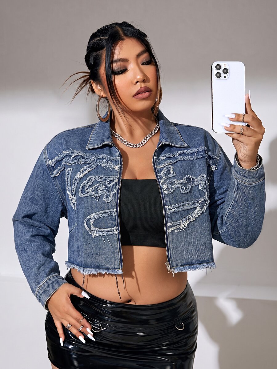 SHEIN ICON Plus Size Women Y2K Vintage Letter Patchwork Washed Denim Jacket Fall Casual Zip Up Plus Size Blue Jean Coat Winter Fall - Blue - View 1