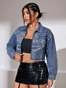 SHEIN ICON Plus Size Women Y2K Vintage Letter Patchwork Washed Denim Jacket Fall Casual Zip Up Plus Size Blue Jean Coat Winter Fall - Blue - View 4