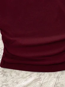 Attitoon 女款休閒抓皺腰方領酒紅色蜘蛛印花修身短袖T恤，適合夏季 - 酒紅色 - 查看 6