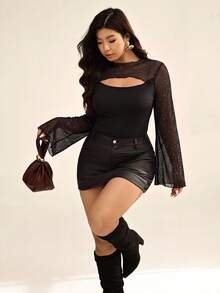 Auralis Women's Mesh Sheer Flare Sleeve Hollow Chest Design Ruched Cinched Waist T-Shirt/Party Sequin Shiny Black/Christmas Party Elegant T-Shirt For Women - Black - View 5