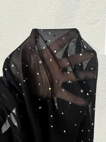 Auralis Women's Mesh Sheer Flare Sleeve Hollow Chest Design Ruched Cinched Waist T-Shirt/Party Sequin Shiny Black/Christmas Party Elegant T-Shirt For Women - Black - View 9
