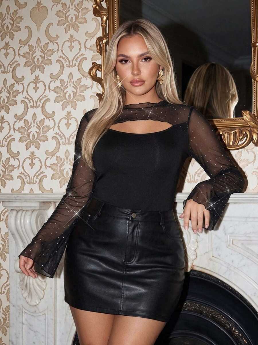 Auralis Women's Mesh Sheer Flare Sleeve Hollow Chest Design Ruched Cinched Waist T-Shirt/Party Sequin Shiny Black/Christmas Party Elegant T-Shirt For Women
